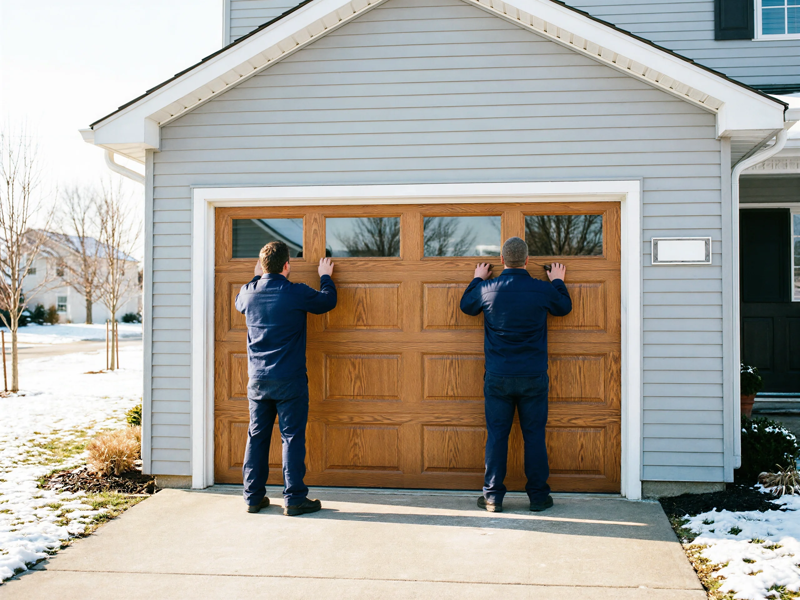 Two technicians in blue uniforms push on a brown garage door with windows.