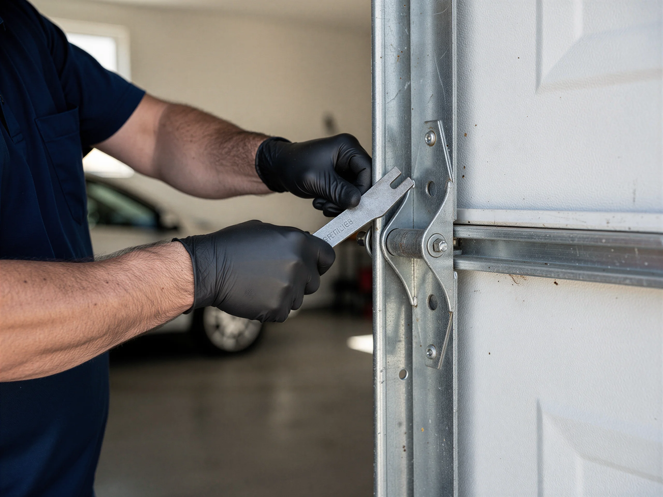 A technician in black gloves adjusts a garage door hinge with a tool.