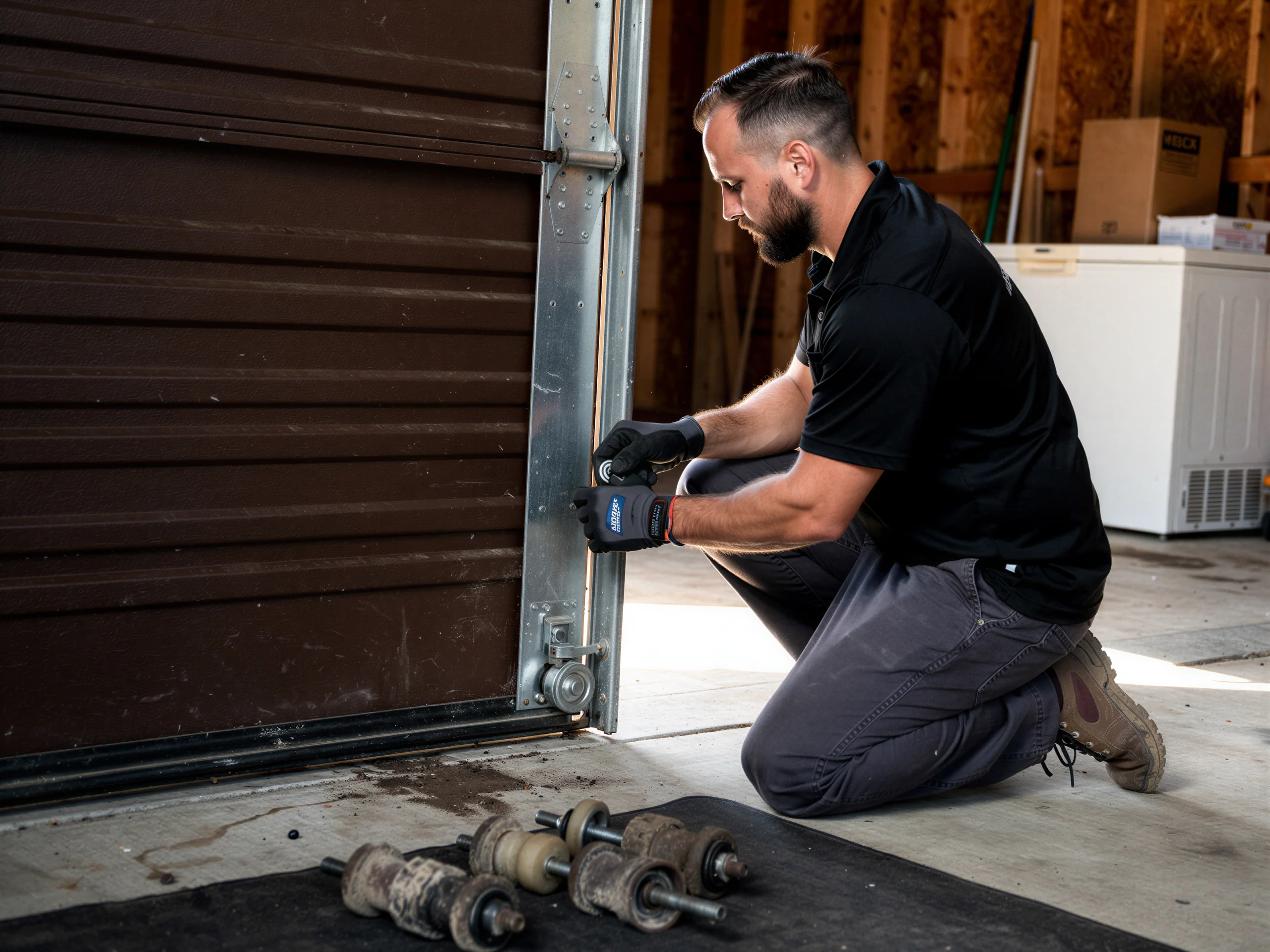A technician kneels, replacing a roller on a brown garage door.