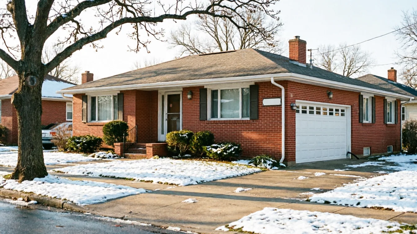 A red brick house with a white garage door and snow on the lawn.