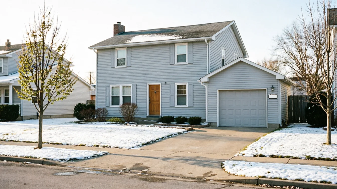 The house has light blue siding, a brown front door, and a gray garage door.